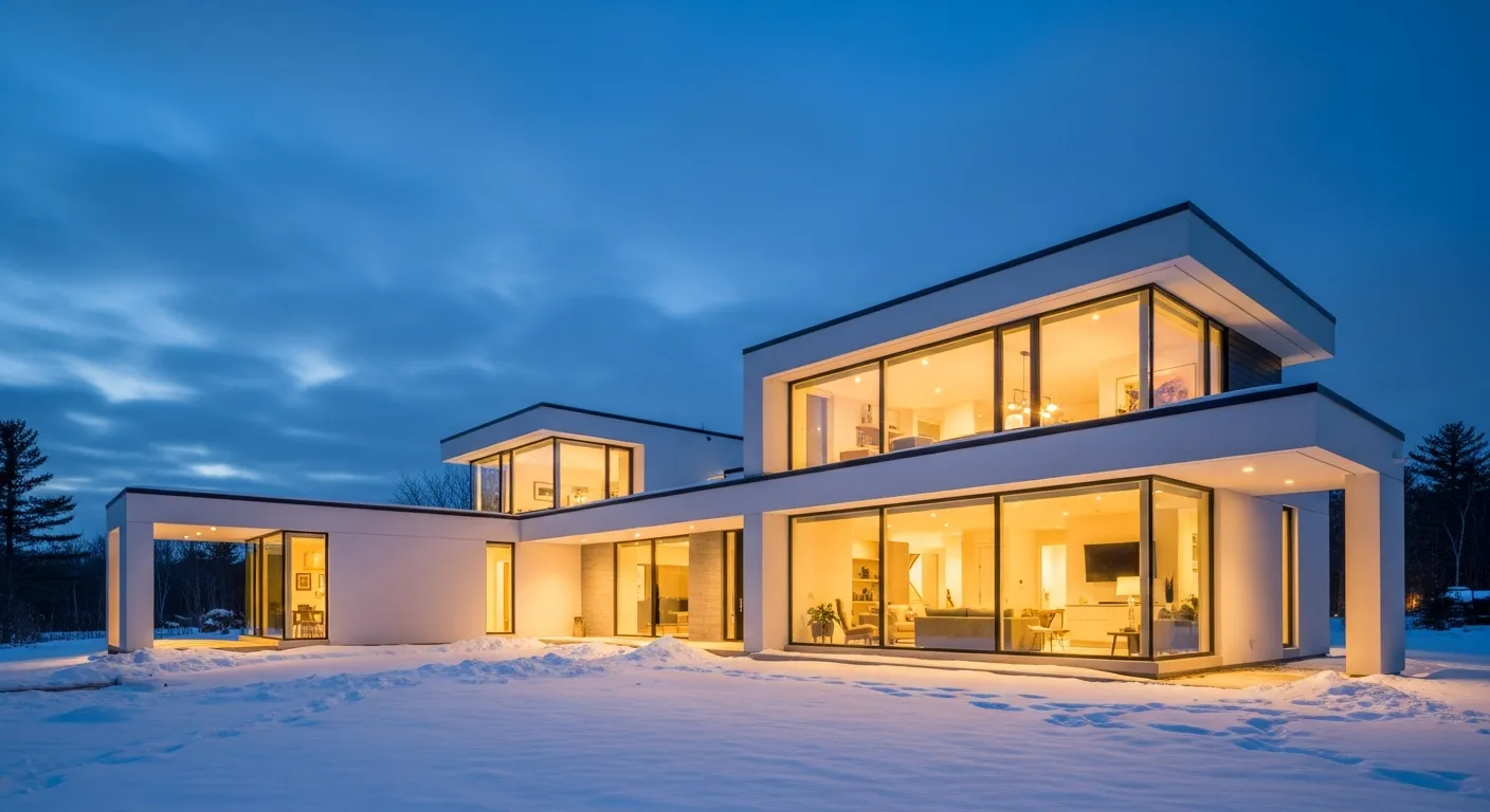 Modern home exterior at twilight showcasing LG heat pump comfort
