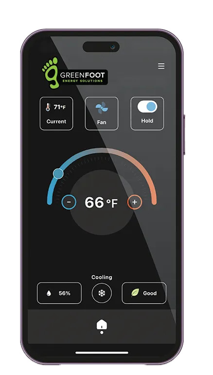 PEAK mobile app on a smartphone showing remote HVAC monitoring and controls